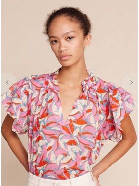 Women's Pink Floral Print Ruffle Sleeve Blouse